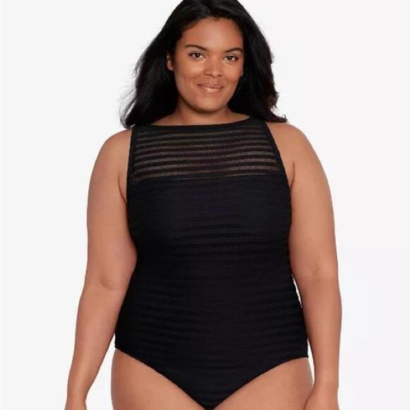 Lauren Ralph Lauren Plus Size Shadow Stripe OnePiece Swimsuit Ottoman - Picture 1 of 13